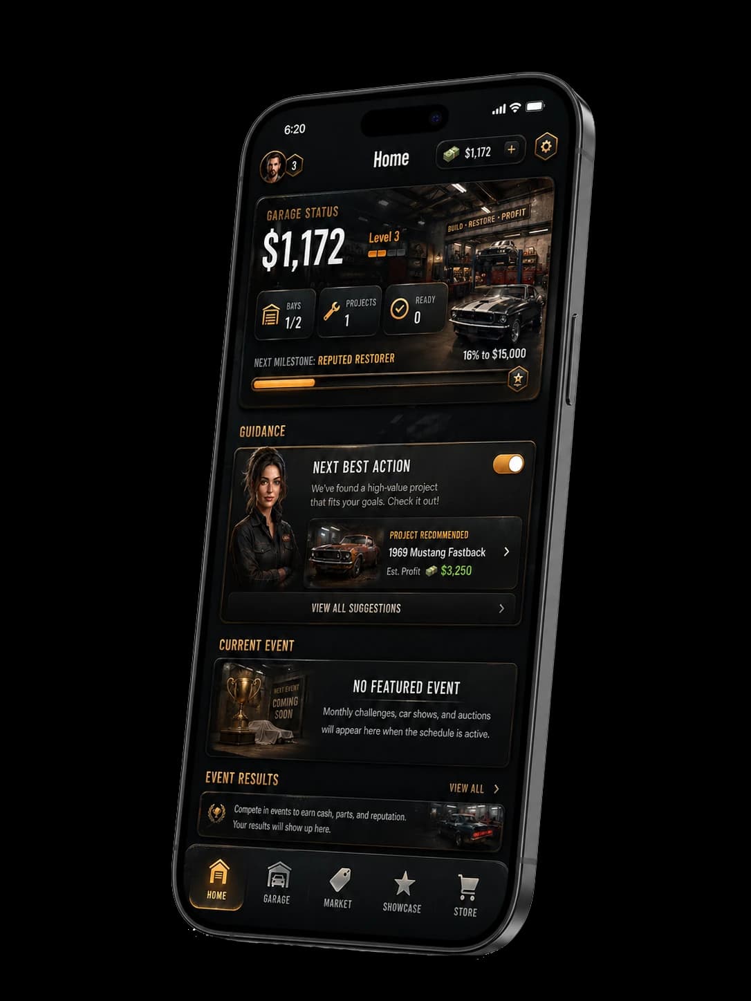 Revline Garage home screen shown on an angled phone
